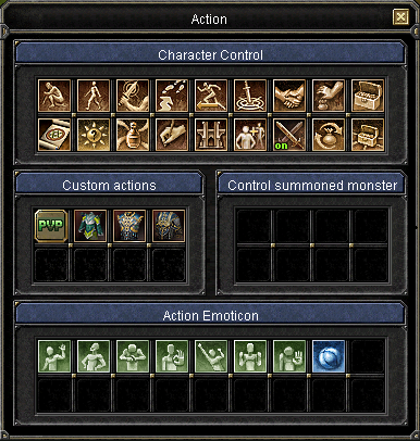The action menu with custom equipment and PvP buttons