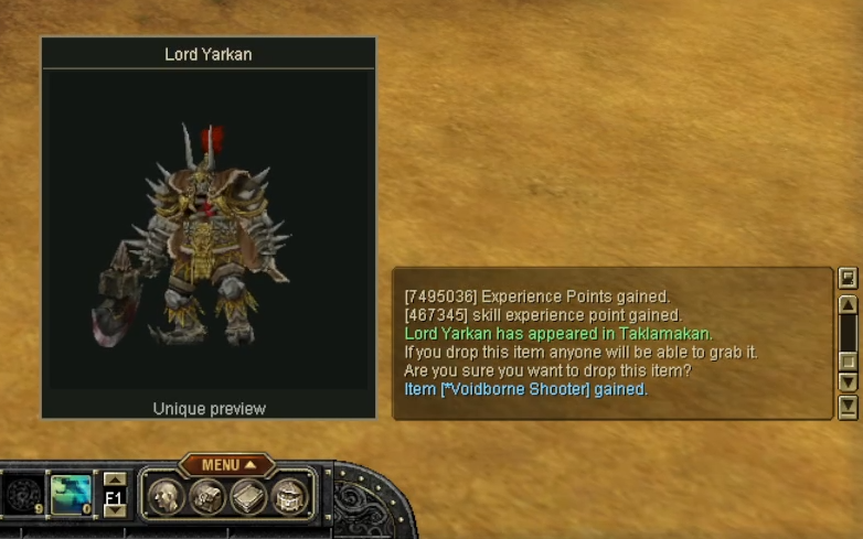 Lord Yarkan displayed in the model viewer beside a unique spawn notification